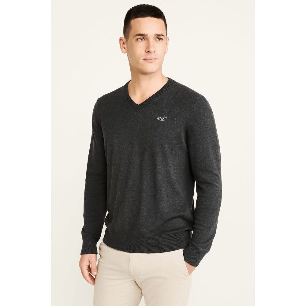 Hollister Men's Charcoal Gray V Neck Logo Soft Stretchy Sweater Medium